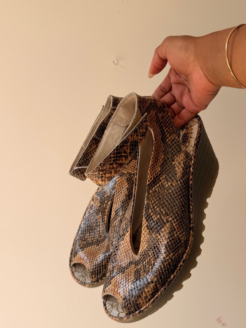 Fly London Snake-Print Slide Sandals in Brown & Black